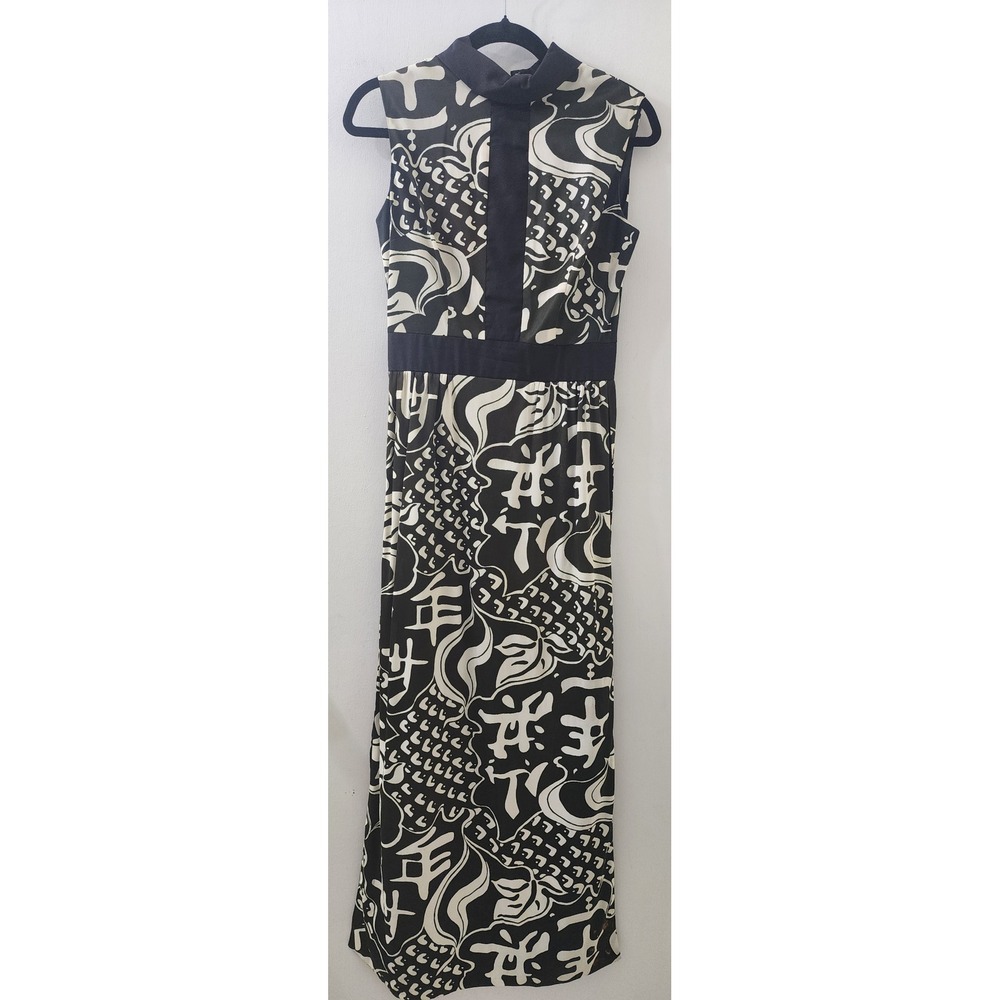 Kenny Classics Vintage Black White Calligraphy Print Maxi Dress Mock Neck Slit